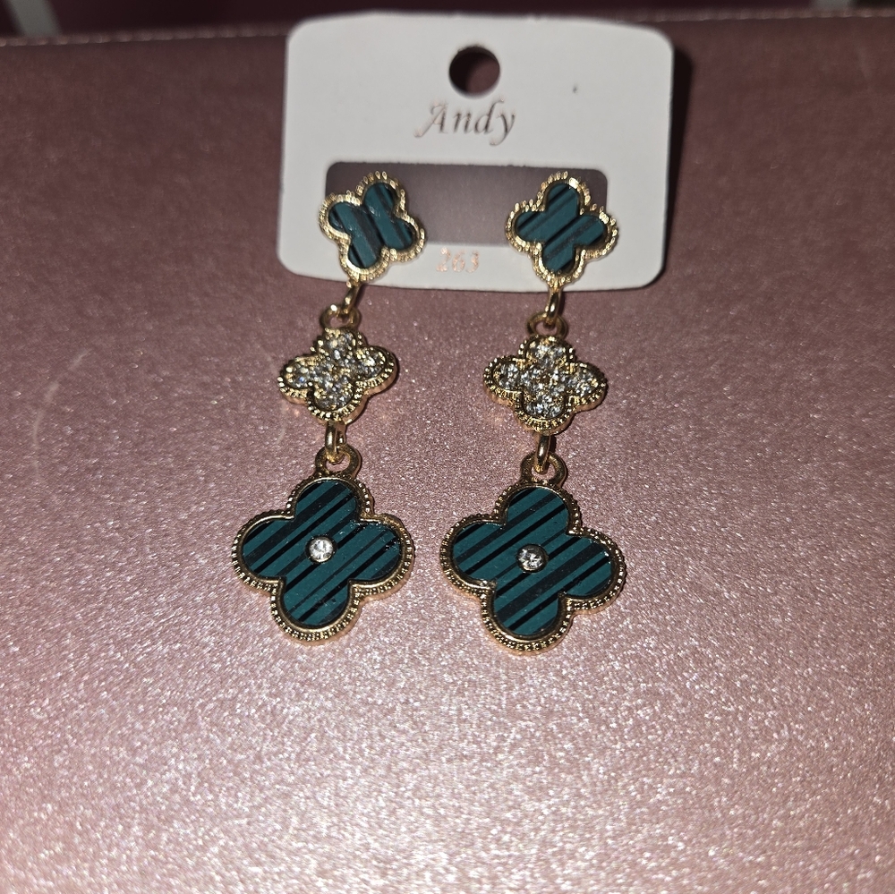 Gold and Green Clover Earrings